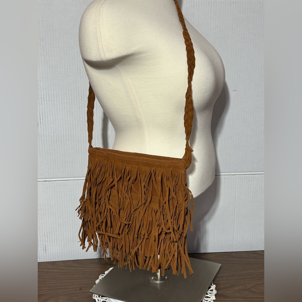 No name Fringe Tan Crossbody Bag 2 rows of fringe 10”H x12”W never carried CLEAN